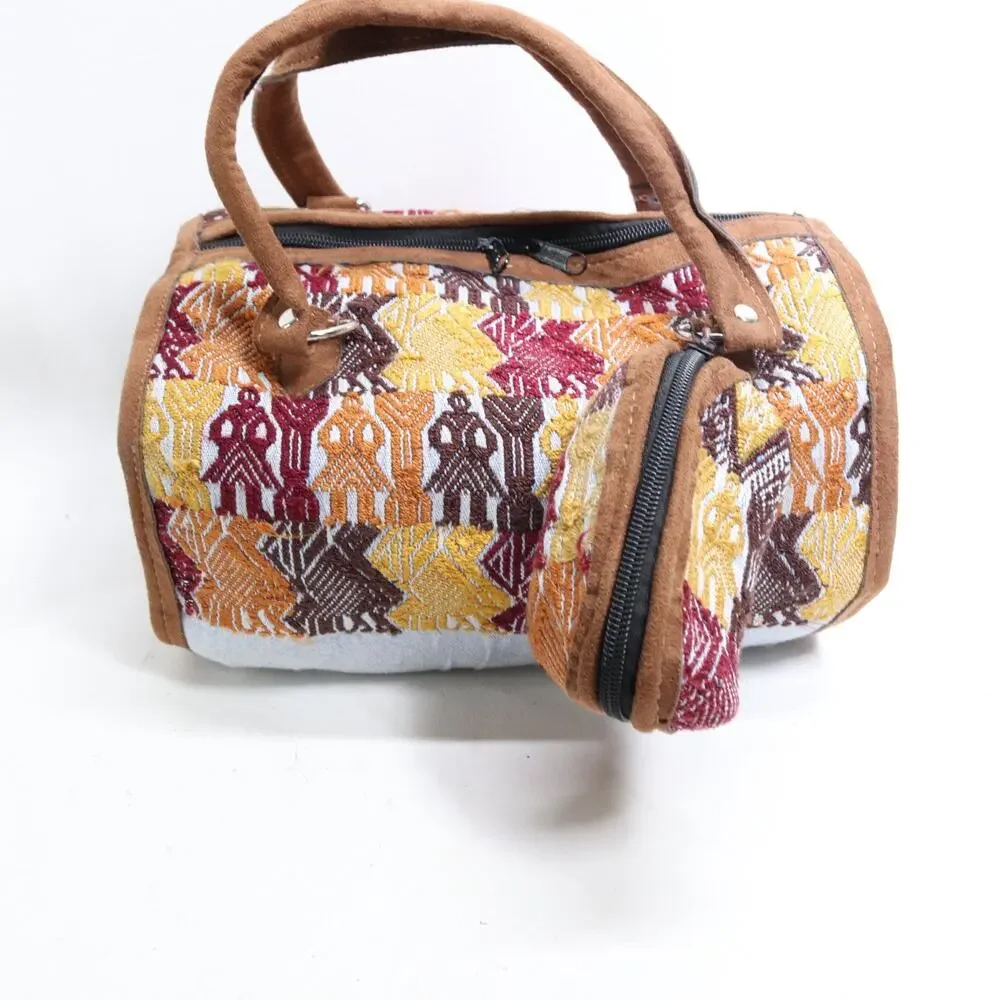 Vtg Guatemalan Duffle Handbag S Multicolor Embroidered w Pouch Purse Satchel Bag
